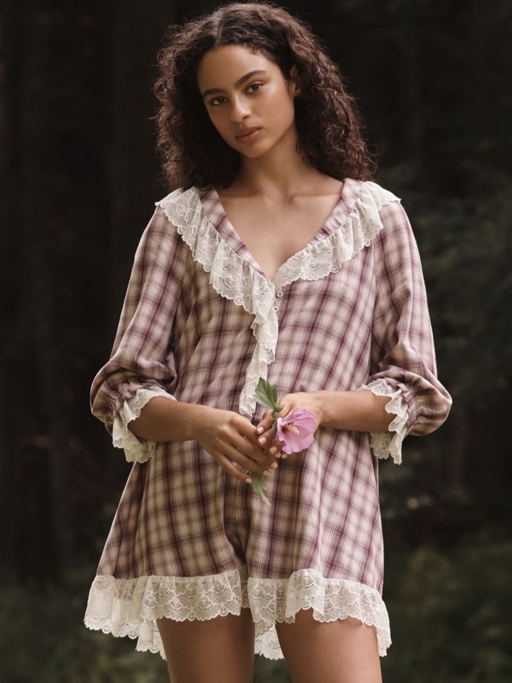 Anthropologie Flannel Pajama Romper Lace Trim Cottagecore Prairie Romantic XS